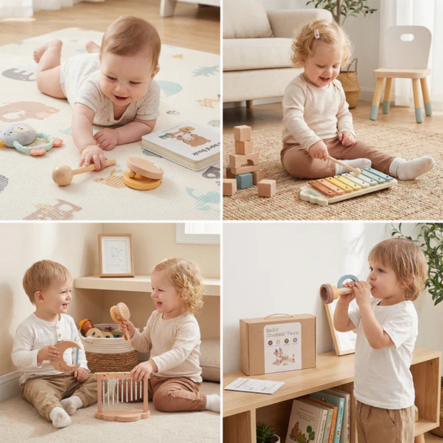 Baby playing with wooden rattle toy set