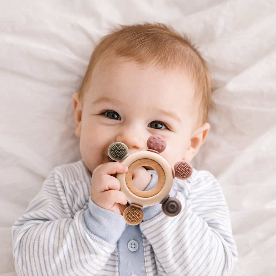 Silicone and wood baby teething ring on a plain background.