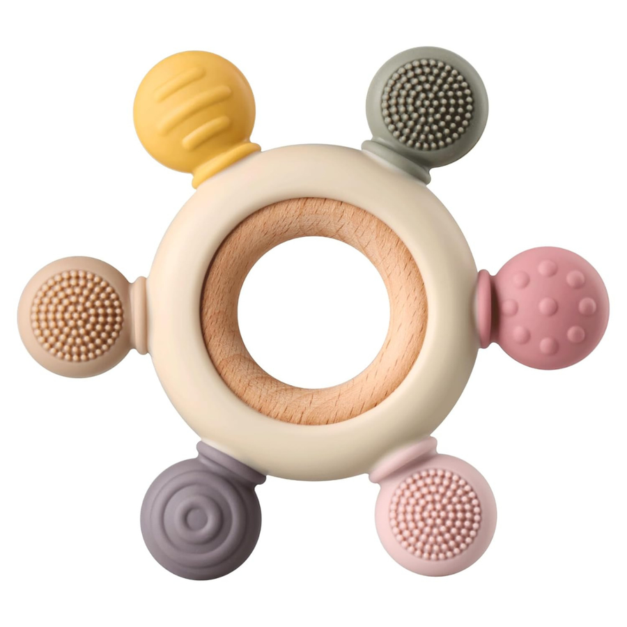 Baby teething ring with textured silicone shapes and a wooden ring.