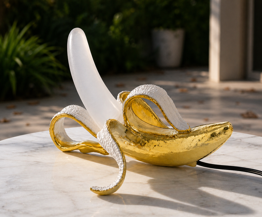Banana table lamp with soft warm light on