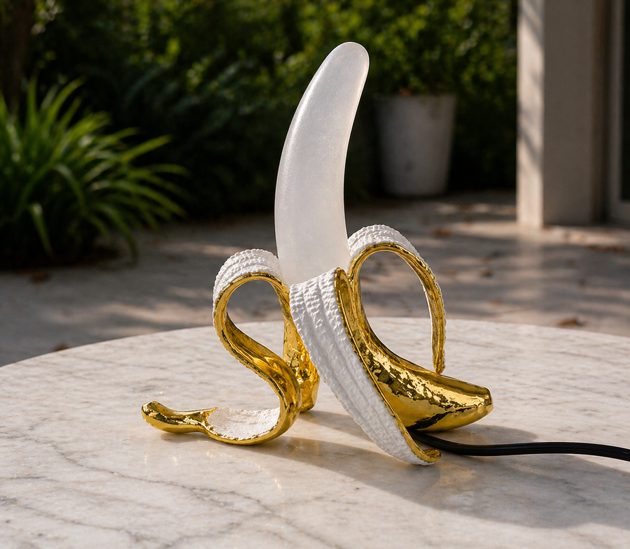 Banana table lamp styled on a bedroom nightstand