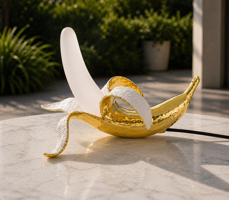 Banana table lamp turned off, showing its shape