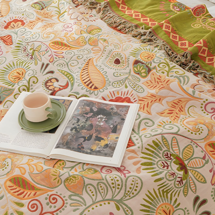 Washable boho throw blanket styled in a living room
