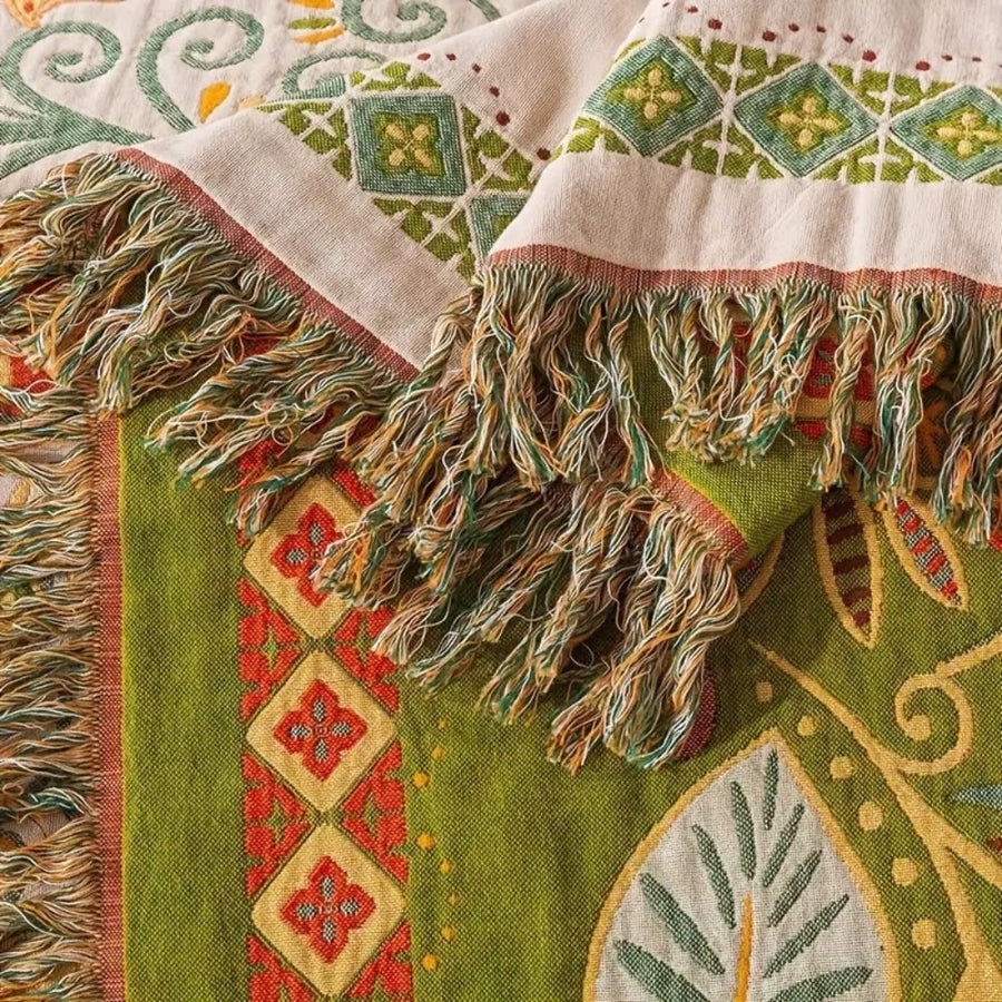 Washable boho throw blanket in a bedroom setting