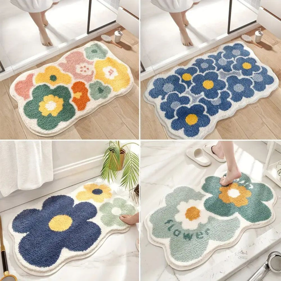 Top view of the floral bath mat showing its size and shape