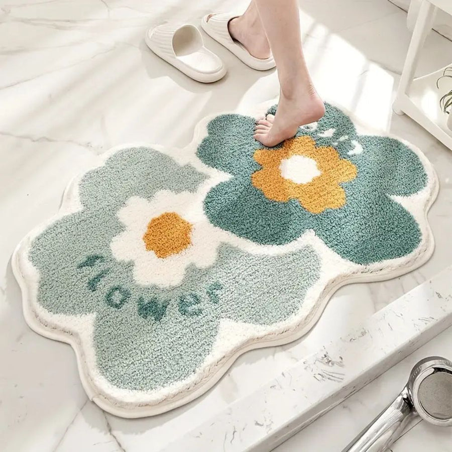 Detail shot of the floral pattern on the bath mat