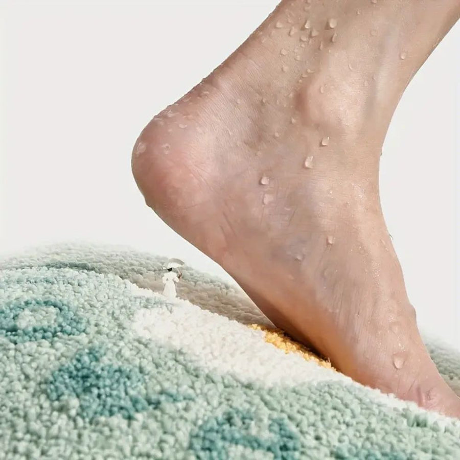 Non-slip floral bath mat in a modern bathroom setting