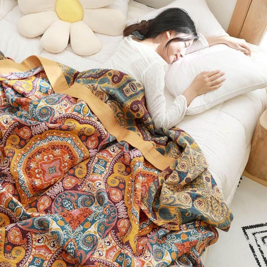 Close-up of the reversible boho throw blanket fabric