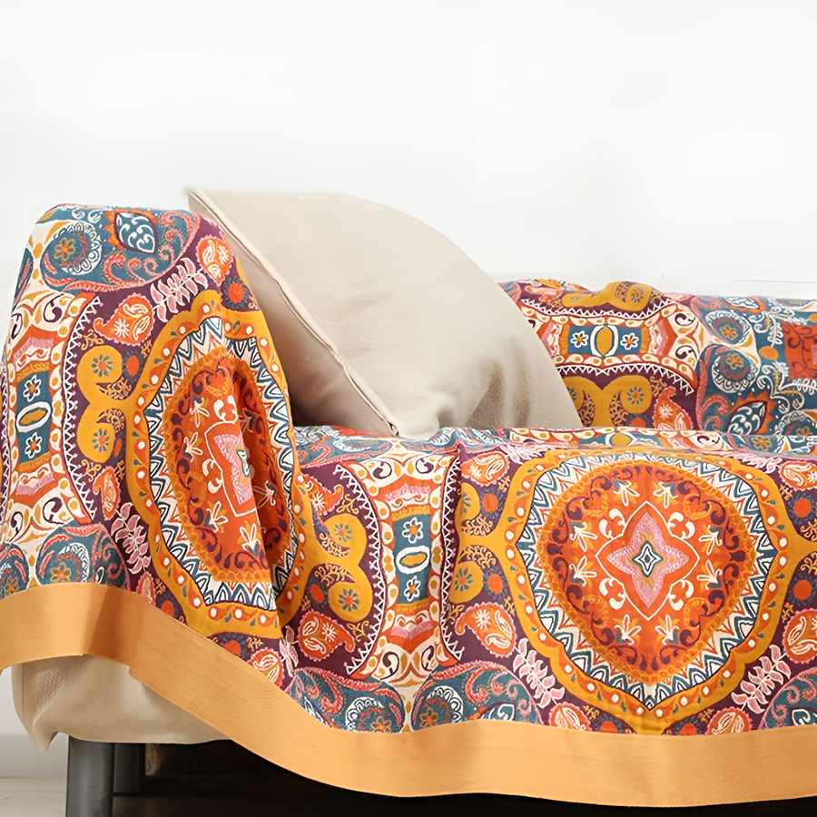 Reversible boho throw blanket showing its geometric pattern