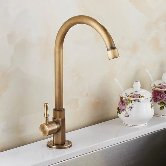 Retro gooseneck kitchen faucet in gold finish