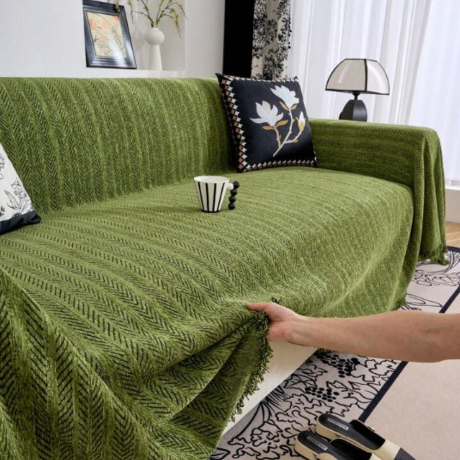 Textured modern sofa cover styled with home decor
