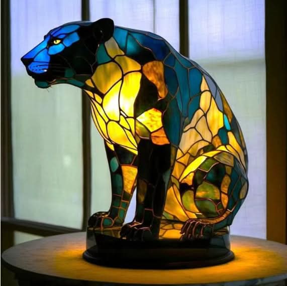 Bulldog-shaped LED table lamp on a bedside table