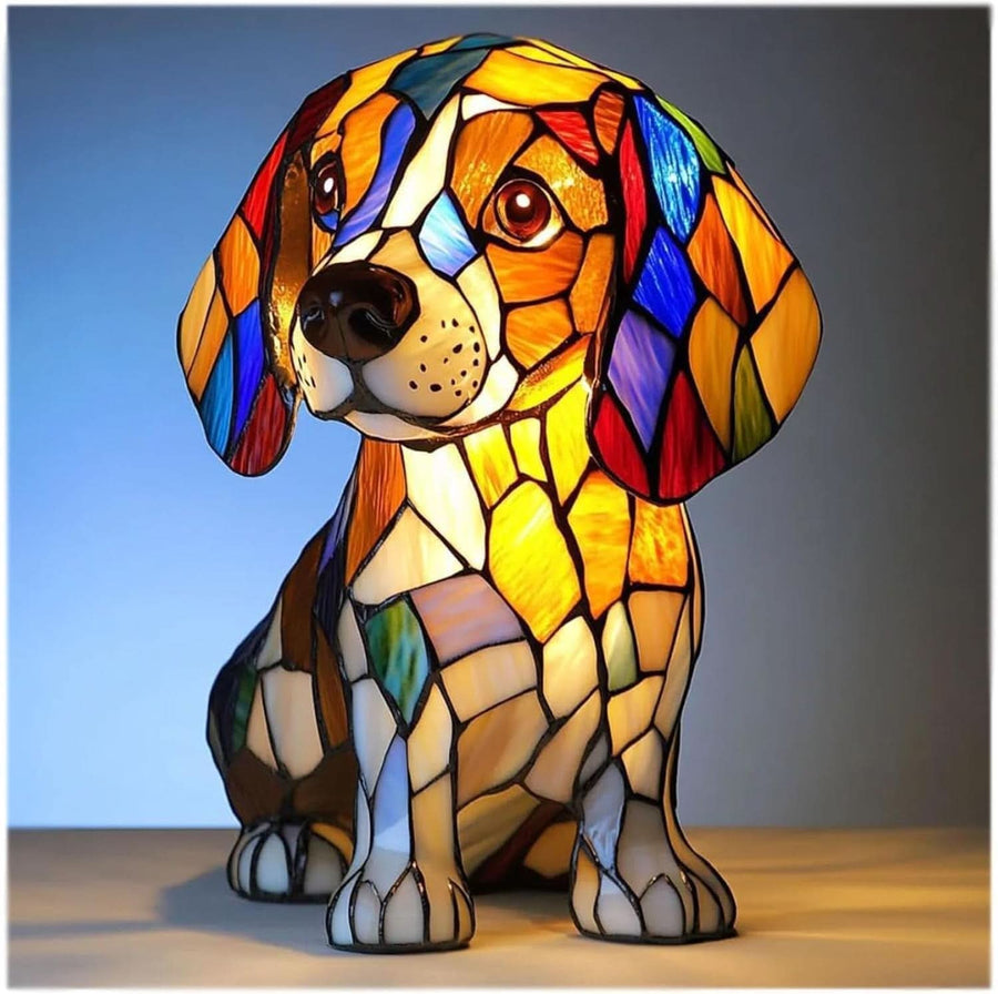 Golden Retriever LED table lamp lit on a wooden desk