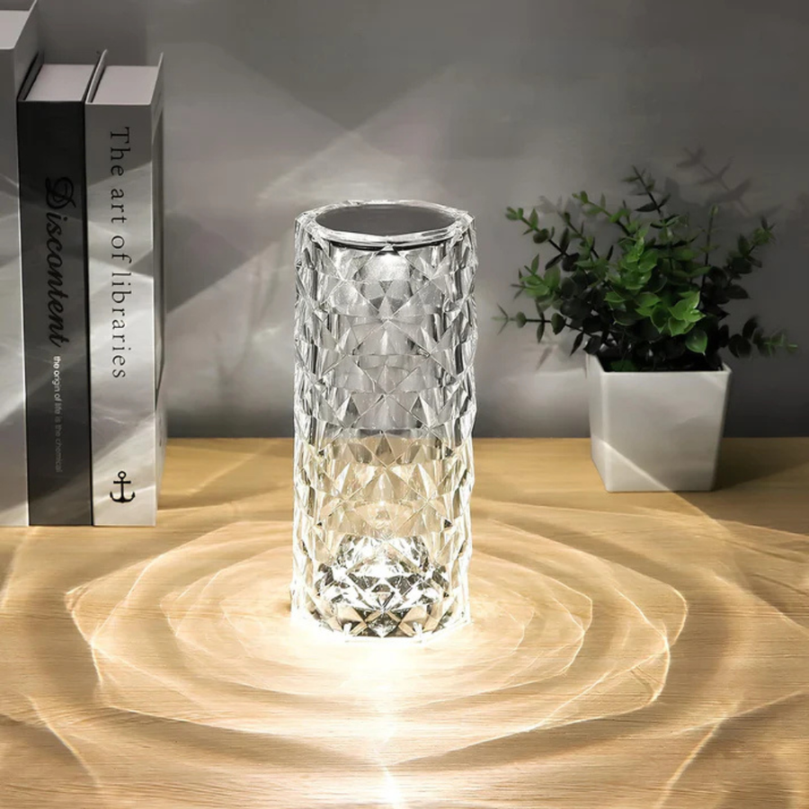 Crystalglow lamp lit up in a dimly lit living room