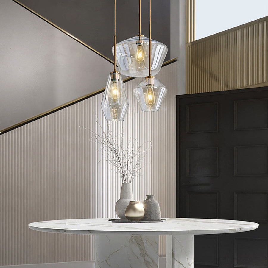 Pendant light shown with a warm white bulb glowing