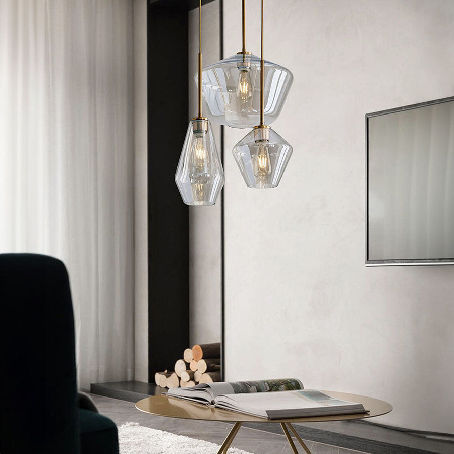 Close-up of the geometric metal shade on the pendant light