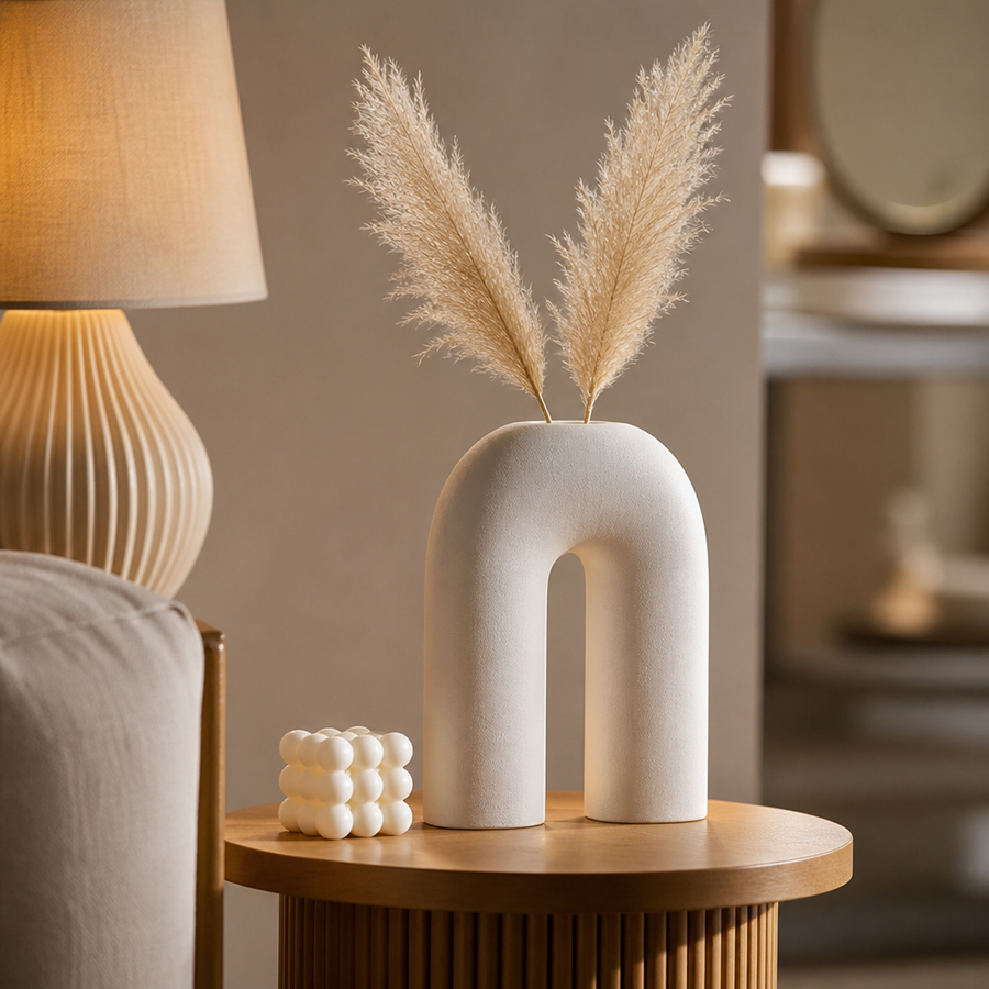 Beige ceramic vase styled in a living room setting