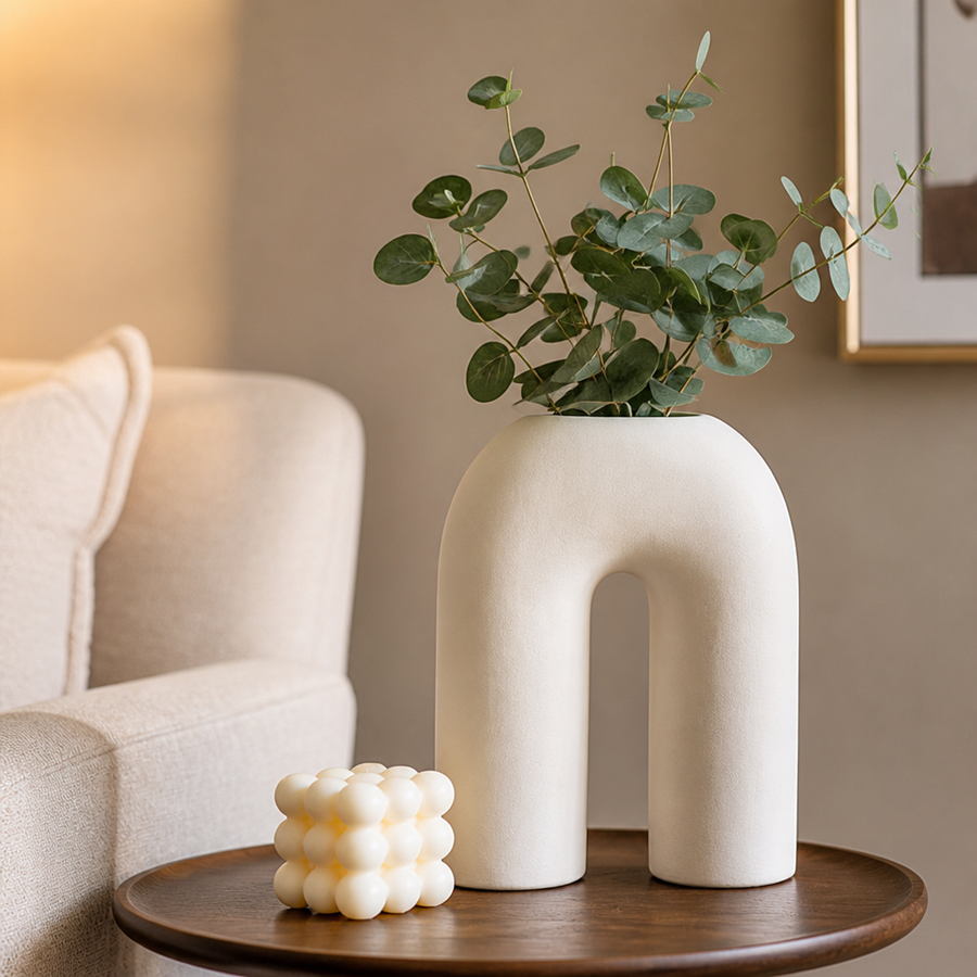 Close-up of the vase's matte beige textured surface