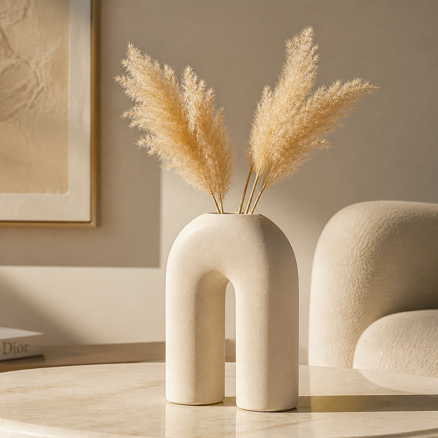 Beige ceramic vase on a shelf with eucalyptus branches