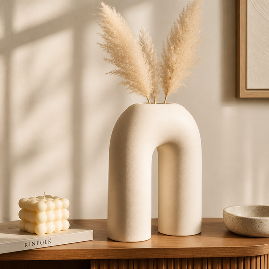 Beige ceramic vase with a curved design