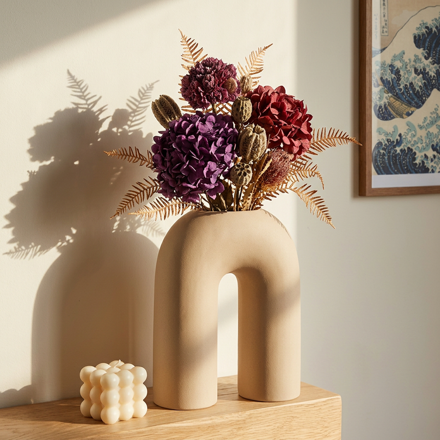 Beige ceramic vase on a sideboard with pampas grass