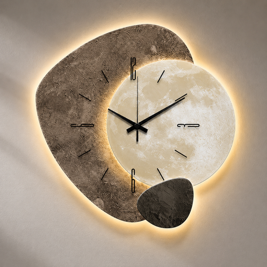 Decorative Nordic-style wall clock hanging on a living room wall