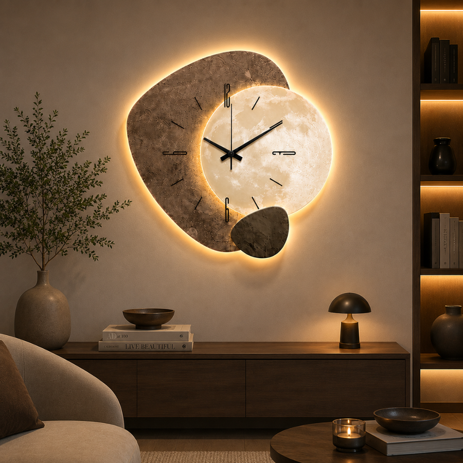Close-up of the wall clock's overlapping shapes in natural wood tones
