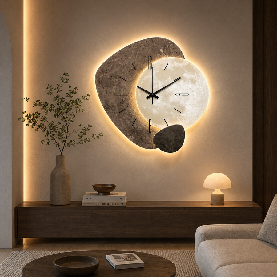 Nordic-style wall clock mounted above a piece of furniture