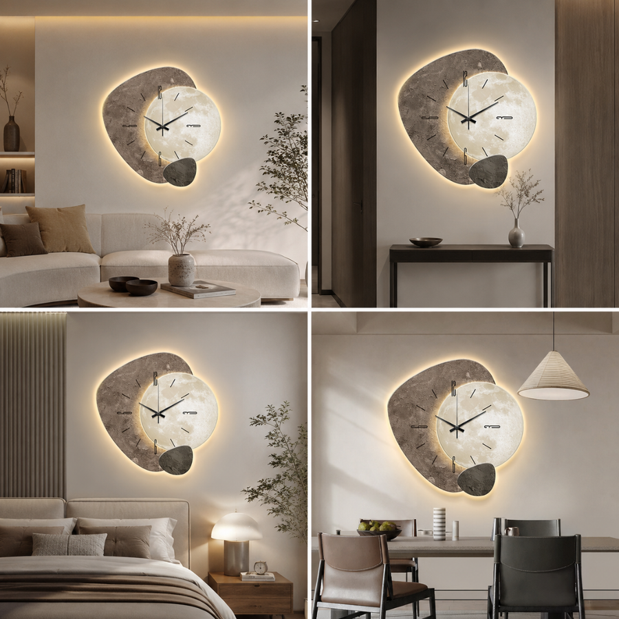 Minimalist beige wood-look wall clock displayed in a modern interior
