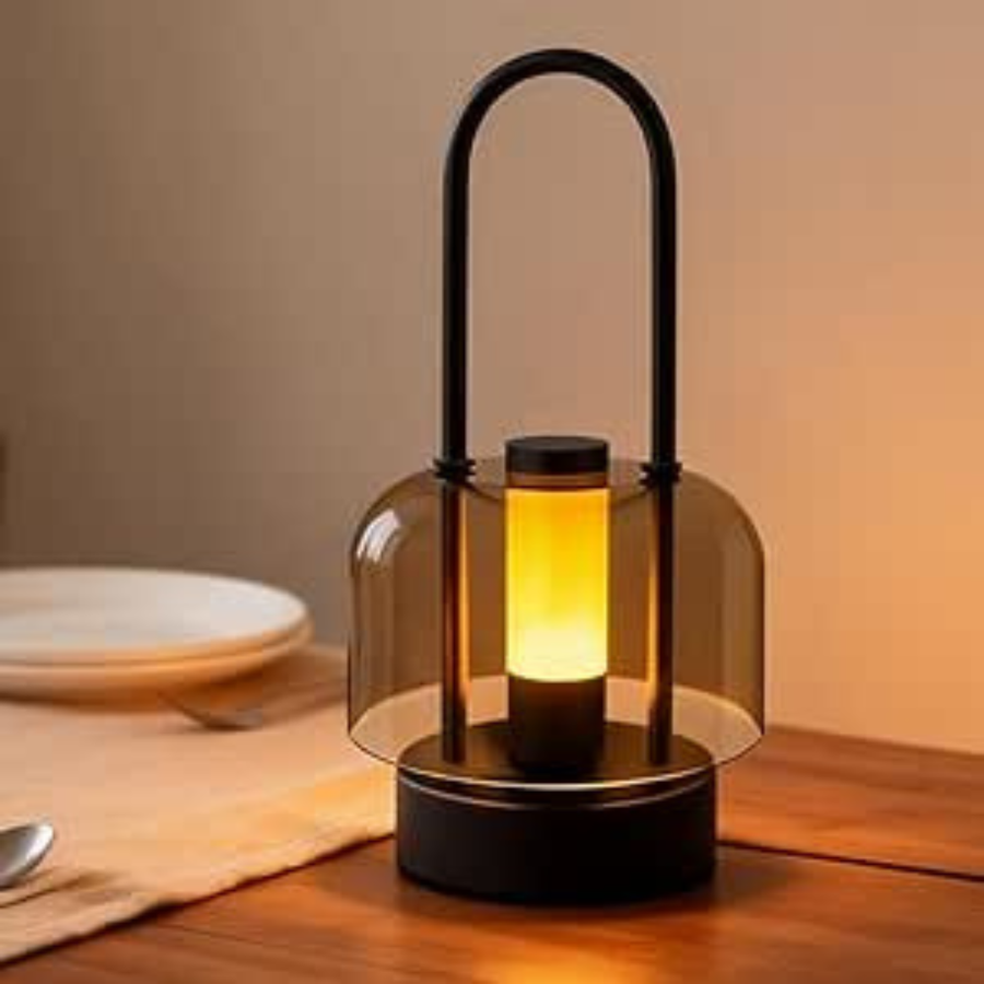 Close-up of the glass and metal lamp base