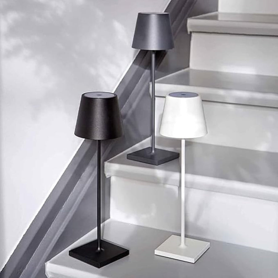 Table lamp with touch dimmer shown from multiple angles