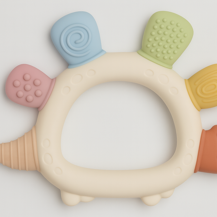 Close-up of a soft silicone baby teether with raised textures.