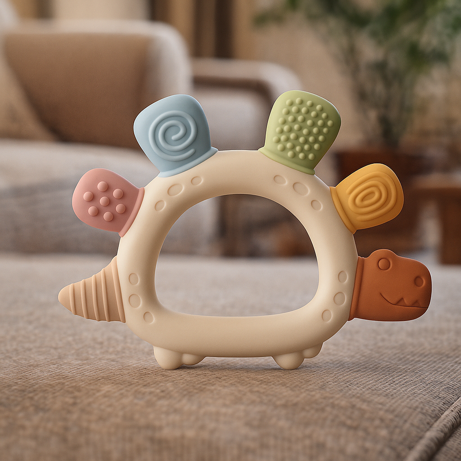 Baby holding a pastel dinosaur-shaped teething toy.
