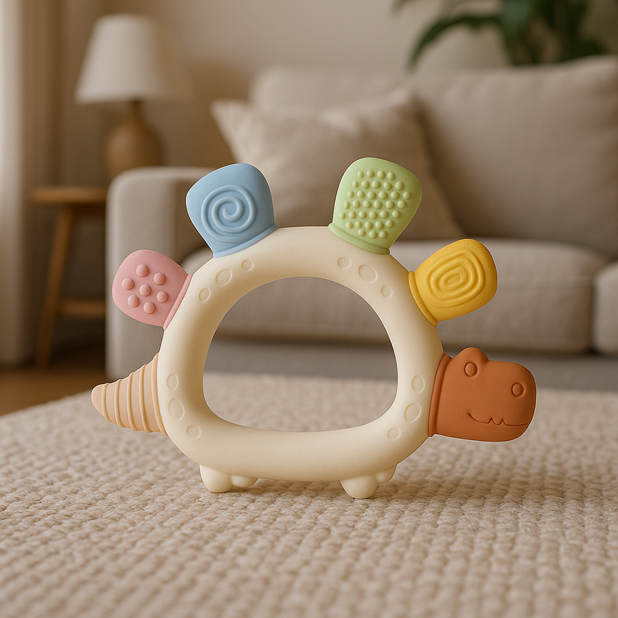 BPA-free silicone teether shaped like a dinosaur with colorful bumps.