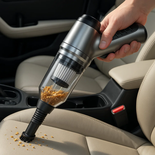 Cordless handheld car vacuum shown from the front