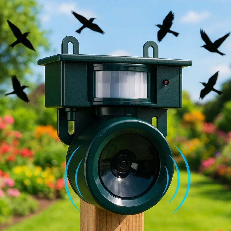 Motion-activated bird repeller mounted outdoors