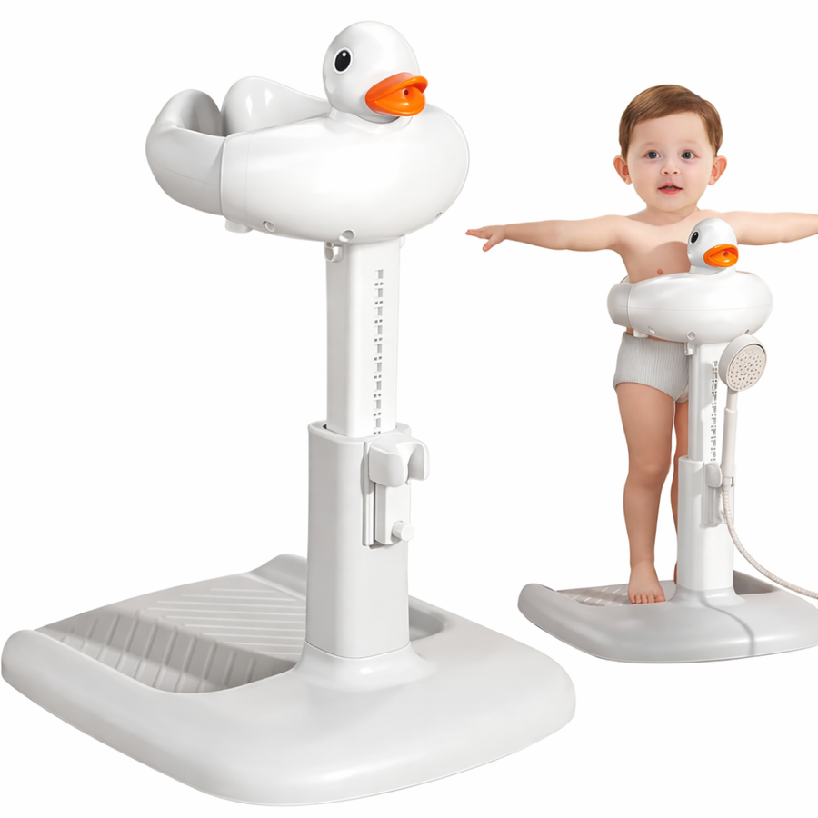 Baby standing in an adjustable shower support stand