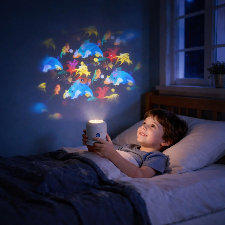 Rotating LED projector lamp glowing on a nightstand in a dark room.