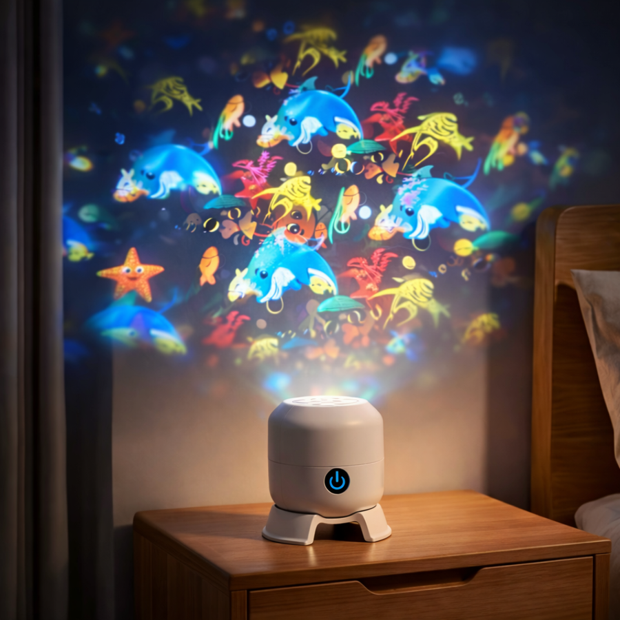 Close-up of the LED projector lamp casting colorful light patterns on a wall.
