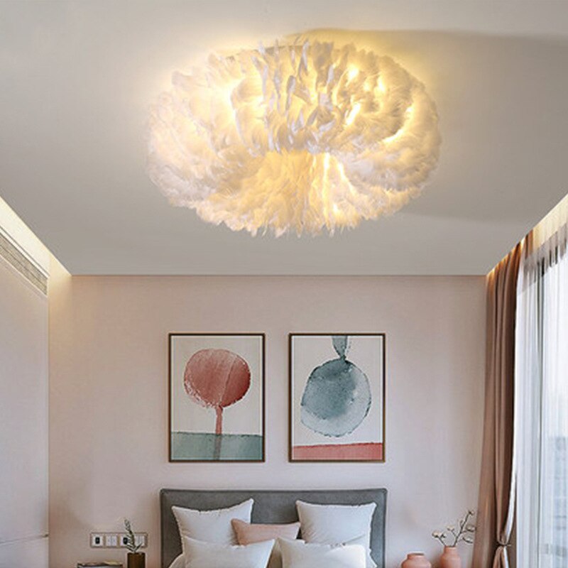 Close-up of feather details on the boho LED ceiling lamp