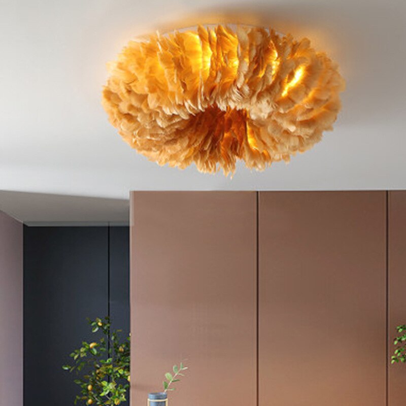 Side view of the boho LED ceiling lamp with feathers