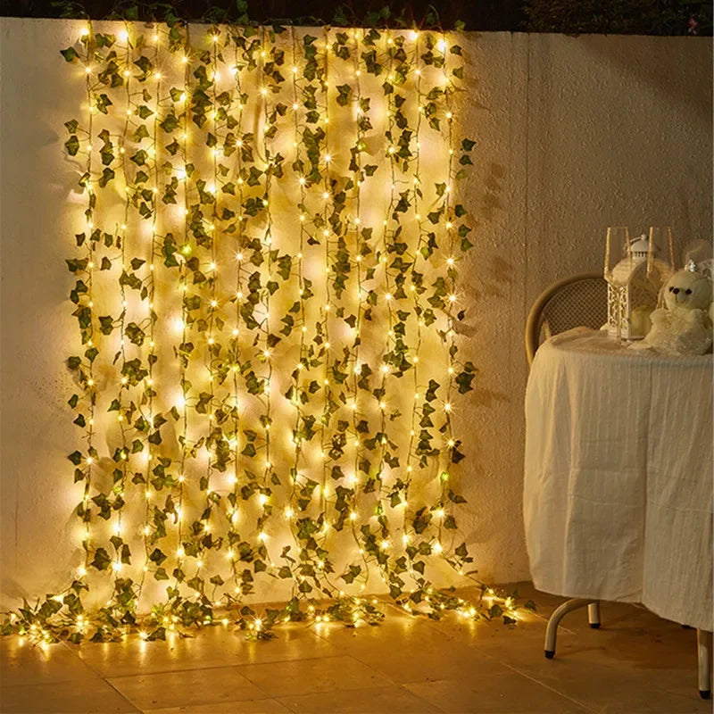Close-up of LED flower and leaf string lights