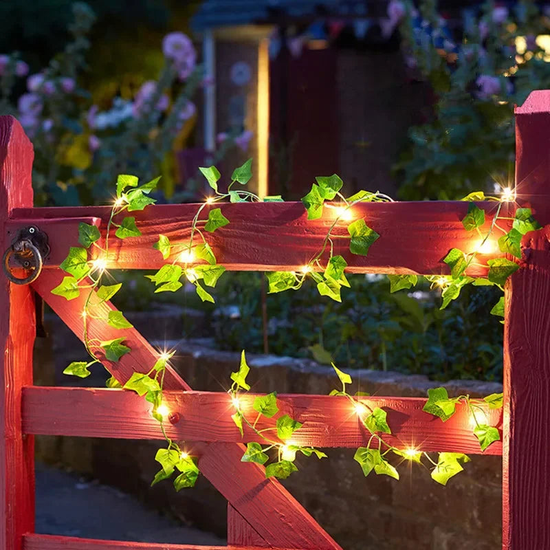Warm white glow from flower-shaped string lights at night