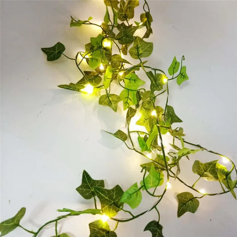 Watermelon leaf string lights illuminated in the evening