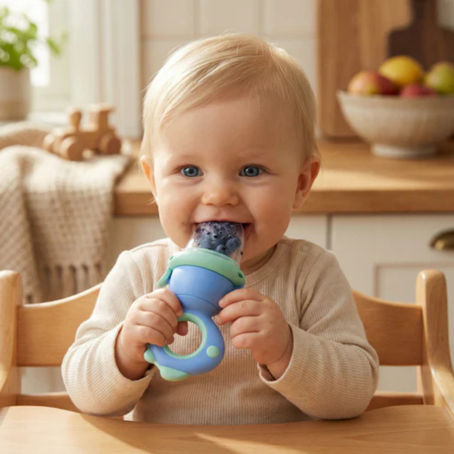 Baby holding a fruit feeder filled with fruit