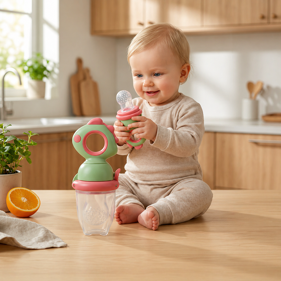 Fruit feeder set shown in green, pink, and blue