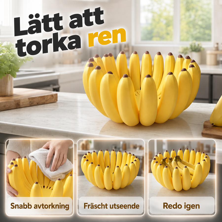 Banana-shaped fruit bowl shown empty on a kitchen counter