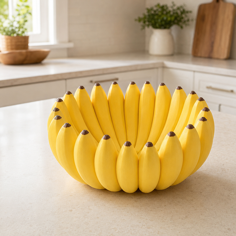 Close-up of a banana-shaped fruit bowl filled with fresh fruit