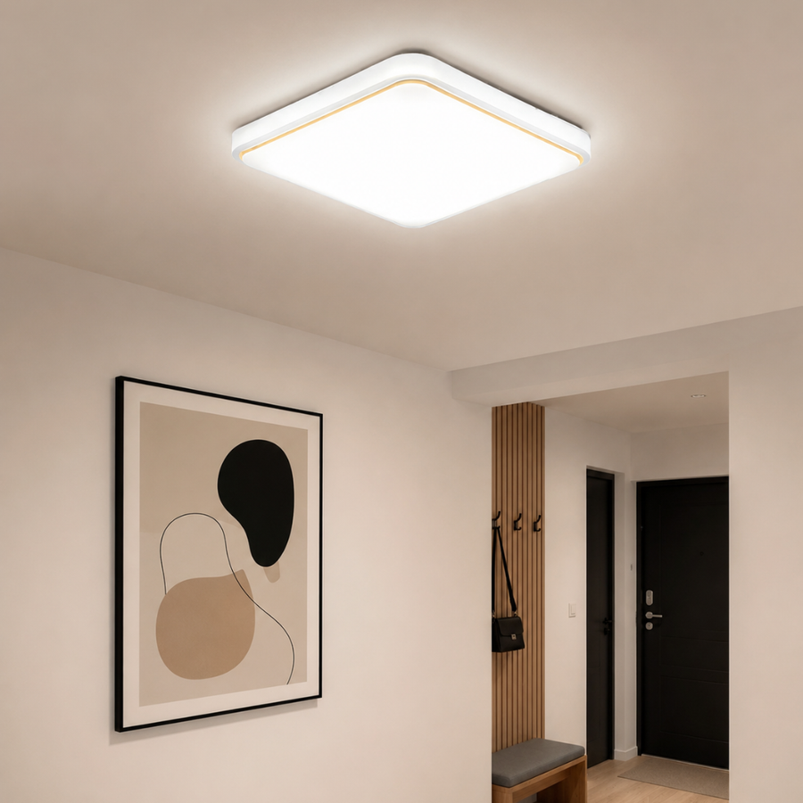 Square LED ceiling light with mounting hardware shown