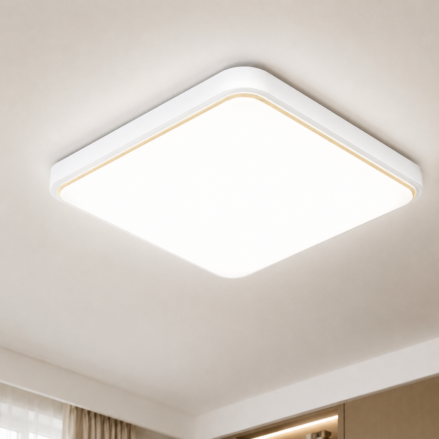 Close-up of a square LED ceiling light showing its sealed design